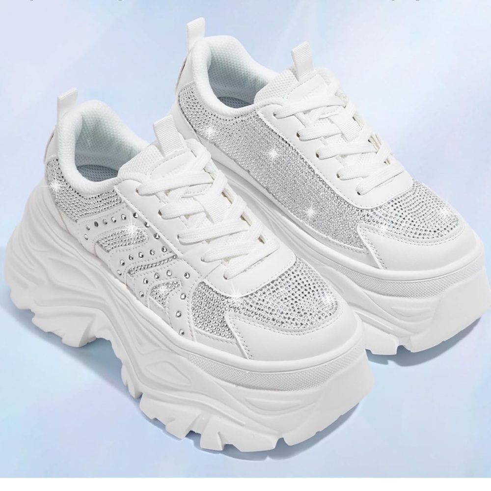 Y2K White Rhinestone Platform Sneakers